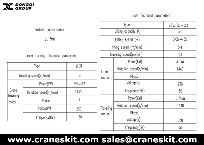 3 ton adjustable height gantry crane specifications