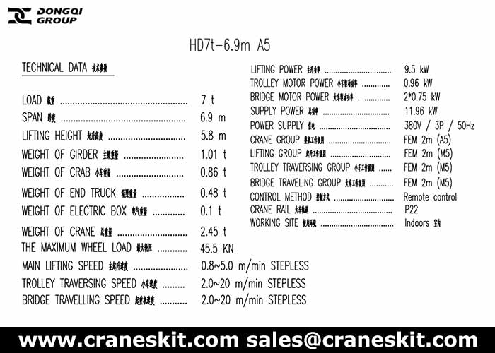 Chile 7 ton workshop overhead crane specifications