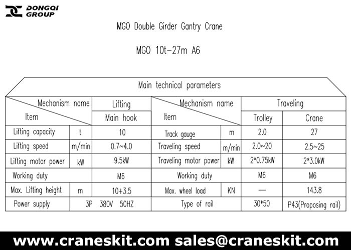 Thailand 10 ton gantry crane with grab specifications