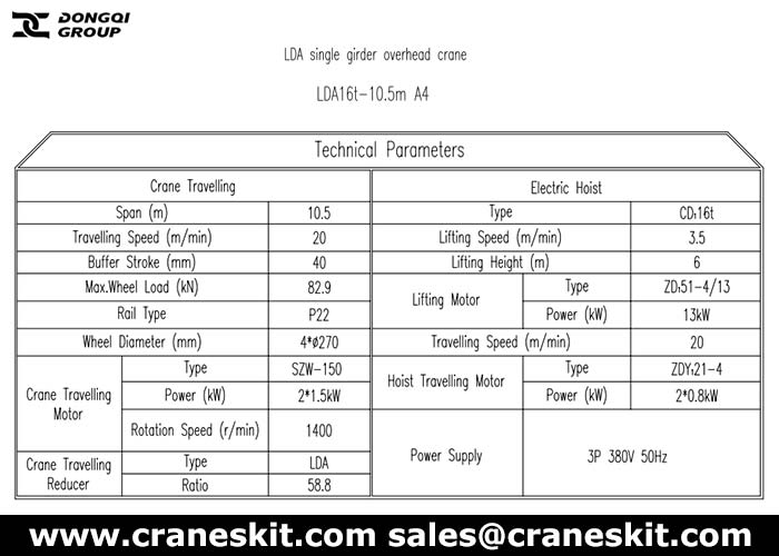 Pakistan 16 ton 10.45m overhead crane design specifications