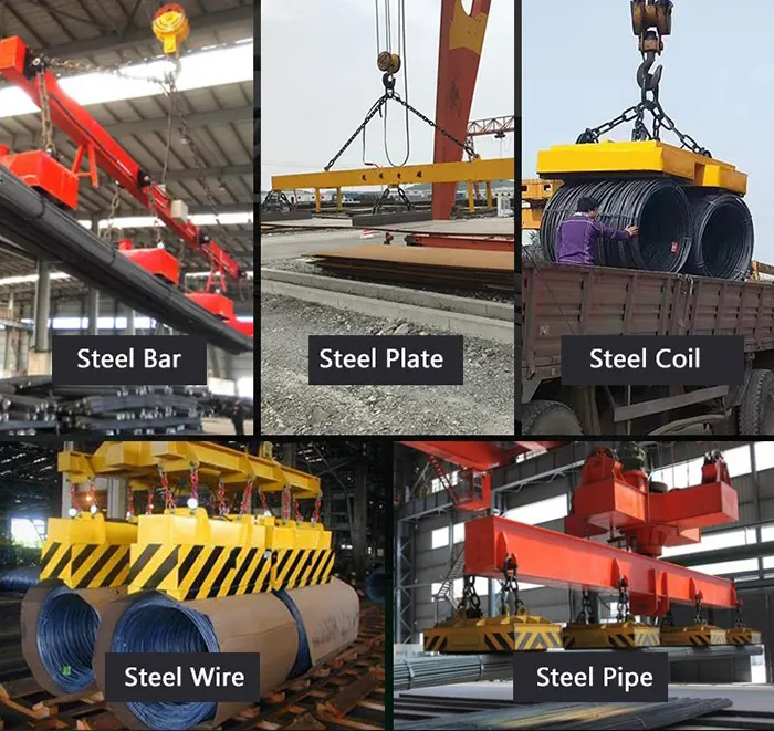 steels lifted by magnet beam spreader